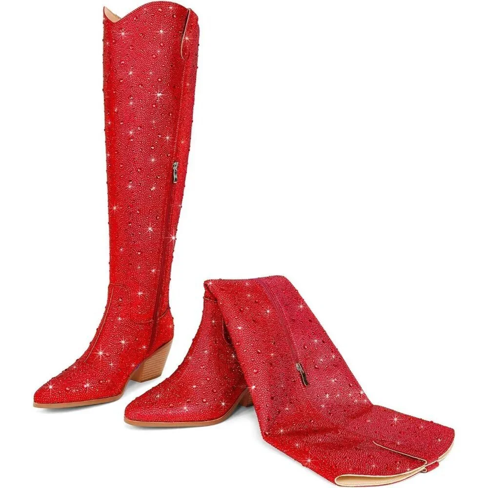 Women Red Faux Leather Sparkly Bling Rhinestone Over the Knee Cowboy Pull-OnBoot
